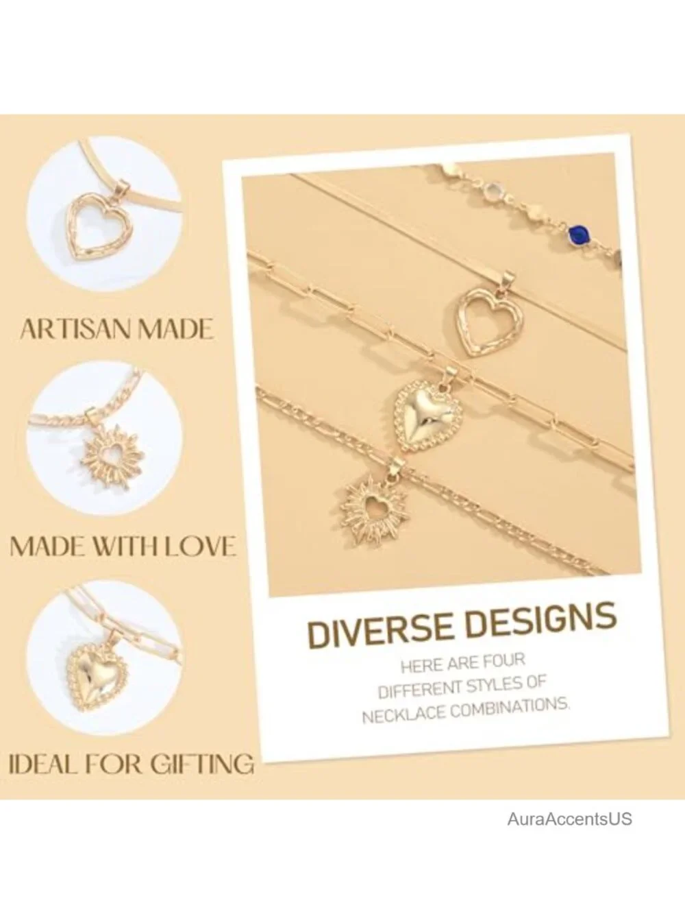 Layered Gold Necklaces Set for Women - 14k Gold Plated Heart Pendant Stackable
